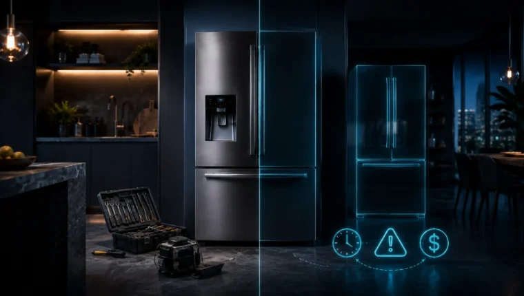 Appliance repair versus replacement decision shown with tools, cost and product cues