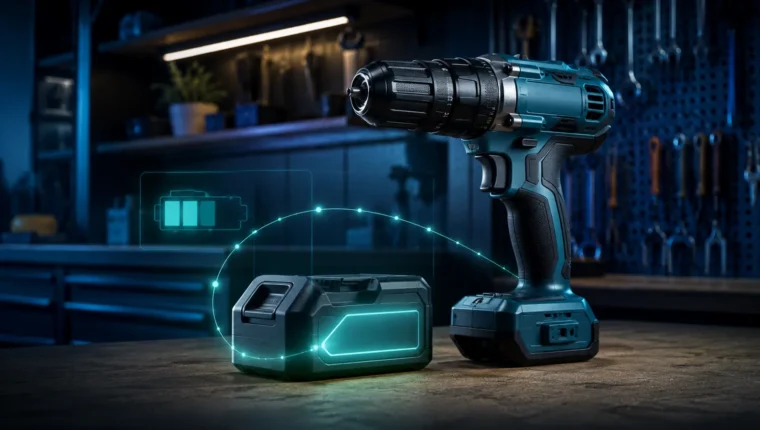 Cordless drill and lithium-ion battery with subtle energy-flow visualization