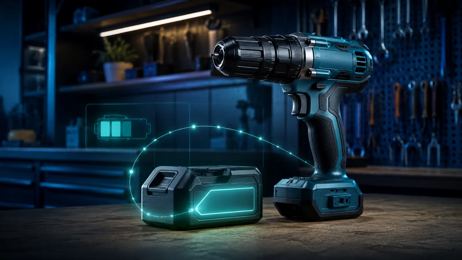 Cordless drill and lithium-ion battery in a dark workshop with subtle energy diagnostics