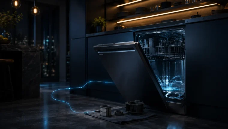 Open dishwasher with drainage parts and a subtle troubleshooting path