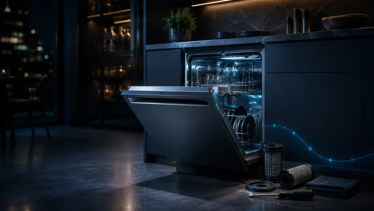 Open dishwasher in a dark kitchen with technical troubleshooting styling