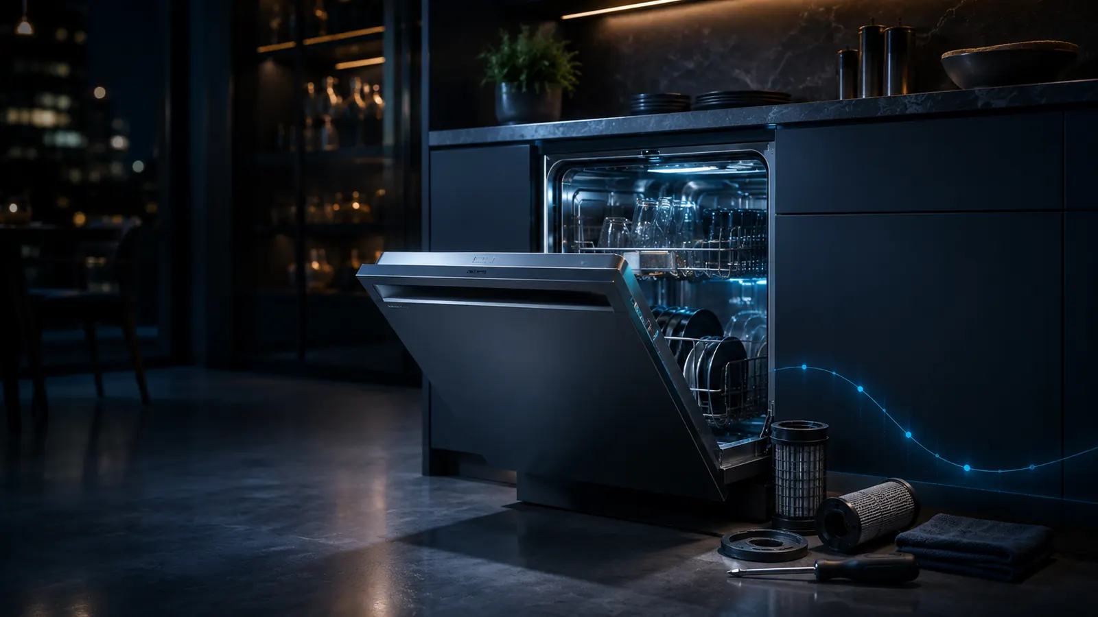 Open dishwasher in a dark kitchen with technical troubleshooting styling