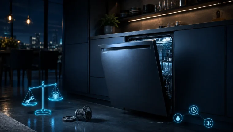 Dishwasher with repair tools and decision-analysis styling
