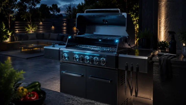 Gas grill in a dark outdoor kitchen prepared for routine maintenance