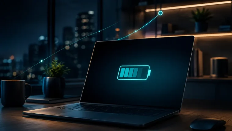 Laptop in a dark workspace with battery capacity and ageing visualization