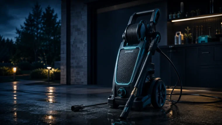 Pressure washer in a dark workshop with subtle lifecycle and maintenance styling
