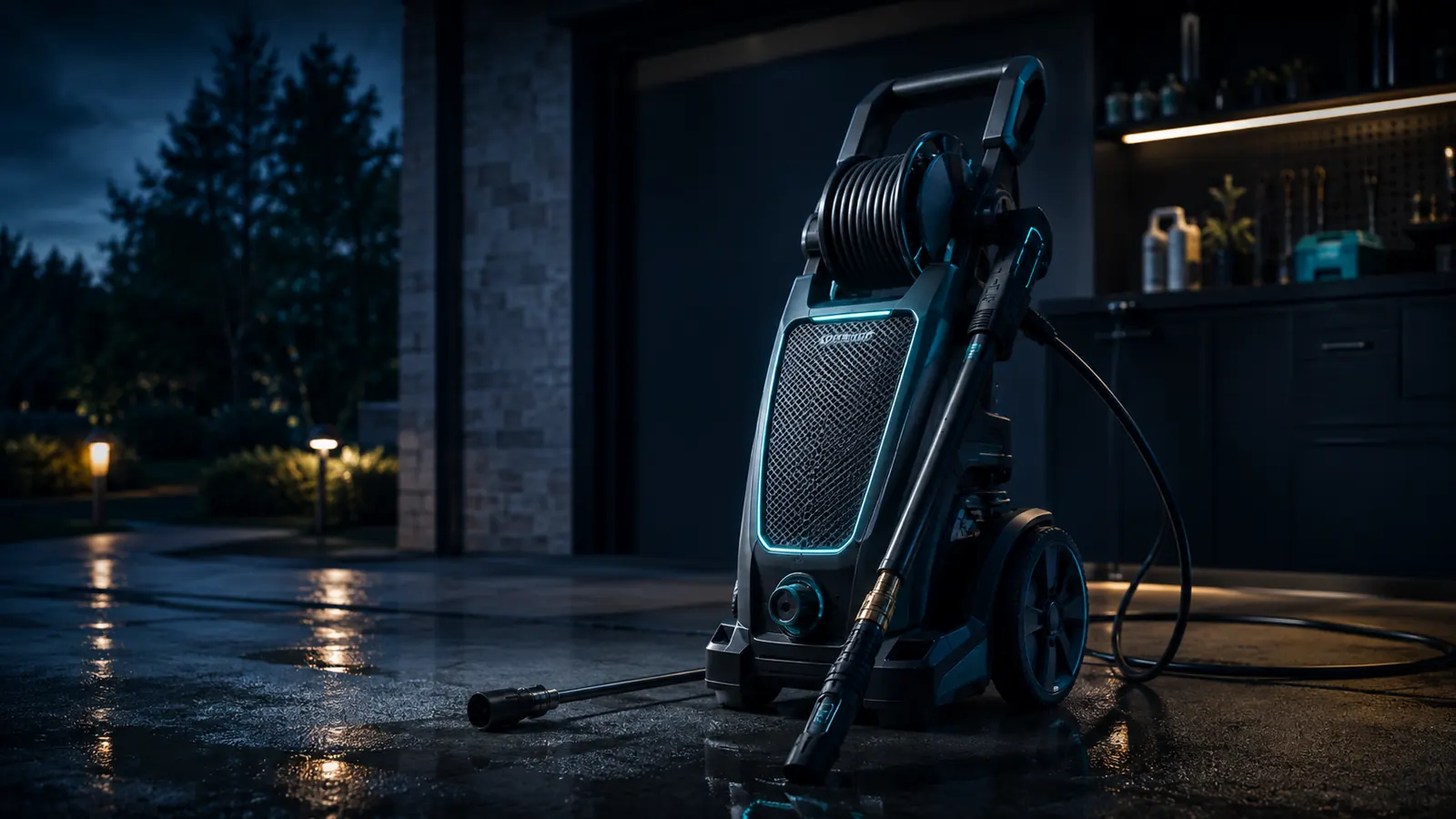 Pressure washer in a dark workshop with subtle lifecycle and maintenance styling