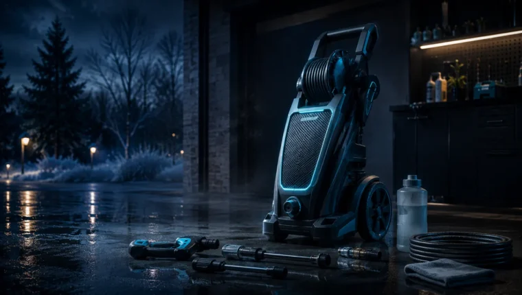 Pressure washer prepared for winter storage in a cold dark workshop