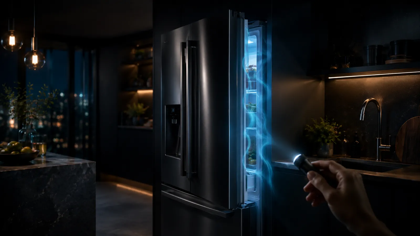 Refrigerator door edge with cool airflow highlighting a possible gasket leak