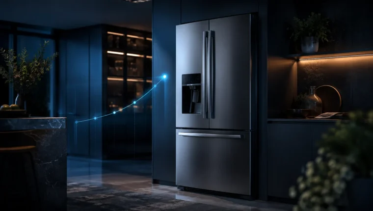 Modern refrigerator in a dark kitchen with a subtle lifespan data visualization