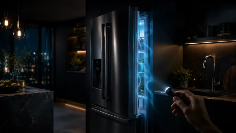 Modern refrigerator with cool airflow and diagnostic lighting in a dark kitchen
