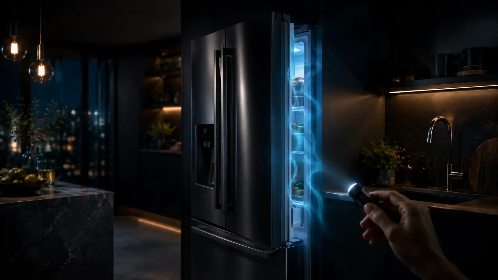Modern refrigerator with cool airflow and diagnostic lighting in a dark kitchen