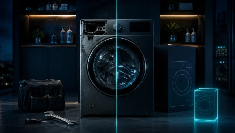 Appliance repair and replacement decision visualized with tools and a replacement product