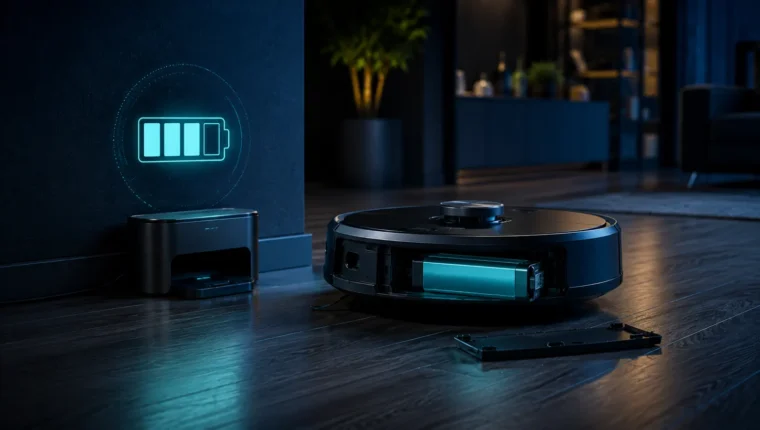 Robot vacuum with exposed battery pack and glowing battery indicator