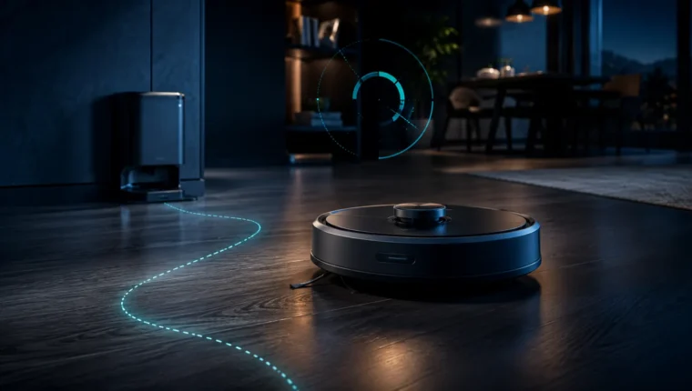 Robot vacuum in a dark modern home with subtle lifecycle visualization
