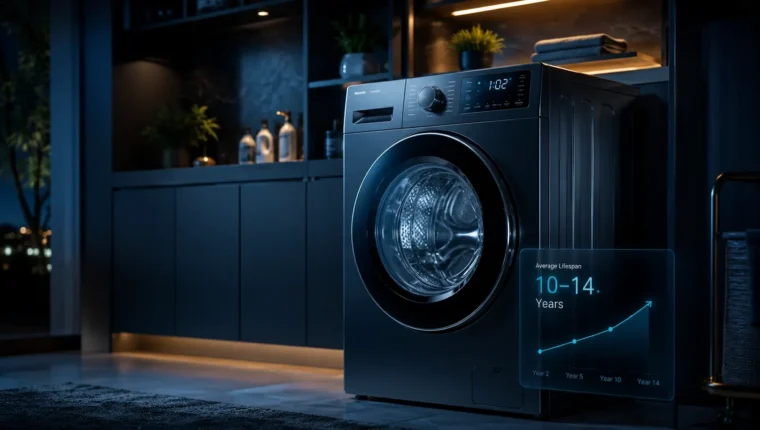 Modern washing machine in a dark laundry room with a subtle lifecycle visualization