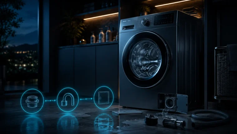Washing machine with drainage components and diagnostic visualization
