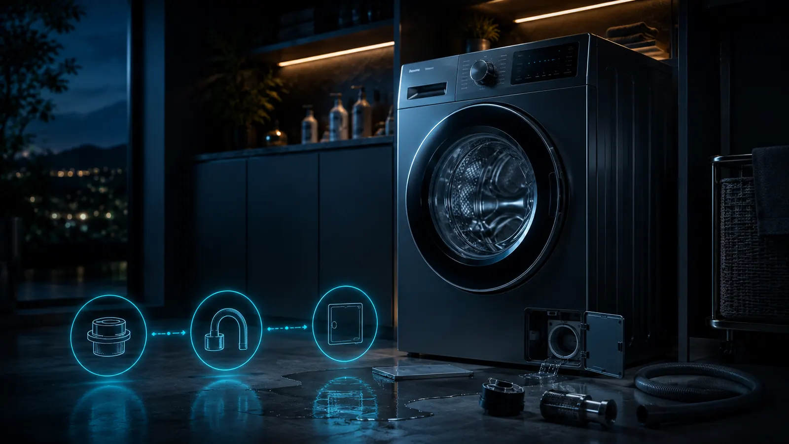 Washing machine with drainage components and diagnostic visualization