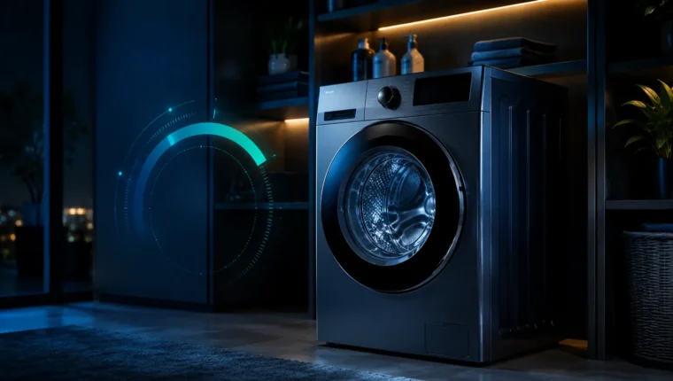 Washing machine in a dark laundry room with motion and diagnostic cues